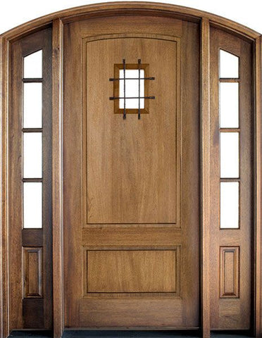 WDMA 50x80 Door (4ft2in by 6ft8in) Exterior Mahogany Trinity 2 Panel Impact Single Door/2 SDL Sidelight Arch Top w Speakeasy 1