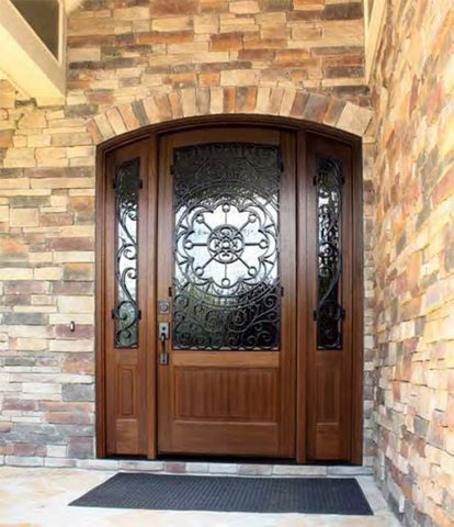 WDMA 50x80 Door (4ft2in by 6ft8in) Exterior Mahogany Trinity Impact Single Door/2Sidelight Arch Top w Iron #1 1-3/4 Thick 2