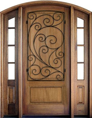 WDMA 52x96 Door (4ft4in by 8ft) Exterior Mahogany Trinity Solid Panel Single/2 TDL/SDL Sidelight Arch Top w Burlwood Iron 1
