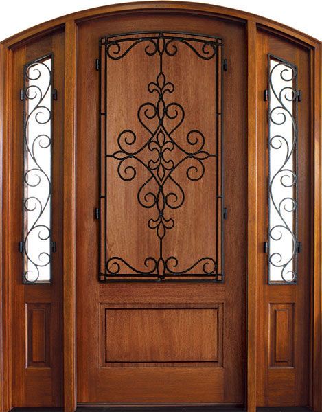 WDMA 52x96 Door (4ft4in by 8ft) Exterior Mahogany Trinity Solid Panel Single/2 Iron Sidelight Arch Top w Gilford Iron 1