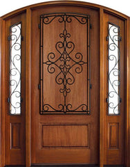 WDMA 52x96 Door (4ft4in by 8ft) Exterior Mahogany Trinity Solid Panel Single/2 Iron Sidelight Arch Top w Gilford Iron 1