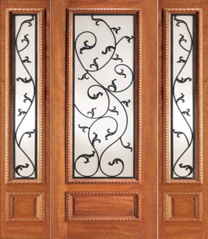WDMA 52x96 Door (4ft4in by 8ft) Exterior Mahogany Door Two Sidelights Leaf Scrollwork Ironwork Glass 1