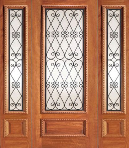 WDMA 52x96 Door (4ft4in by 8ft) Exterior Mahogany Decorative Iron Scrollwork Glass Door Two Sidelight 1