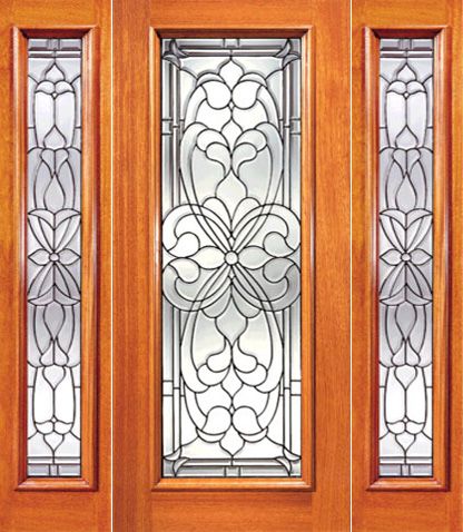 WDMA 52x96 Door (4ft4in by 8ft) Exterior Mahogany Floral Scrollwork Beveled Glass Door and Two Sidelight 1