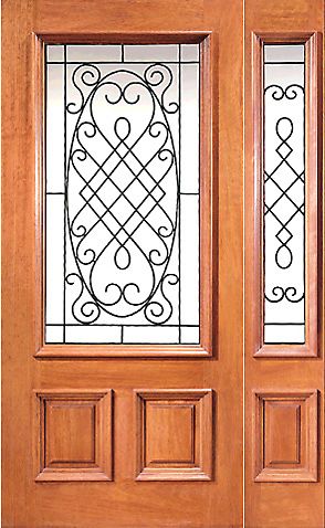 WDMA 54x80 Door (4ft6in by 6ft8in) Exterior Mahogany 3/4 Lite Home One Sidelight Door with Ironwork 1