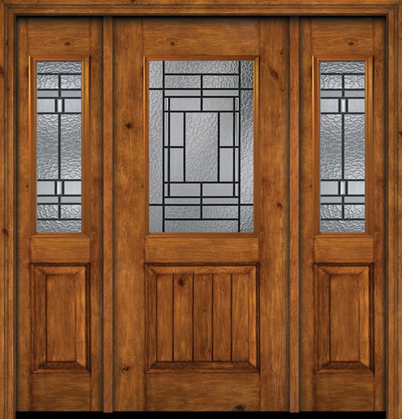 WDMA 54x80 Door (4ft6in by 6ft8in) Exterior Cherry Alder Rustic V-Grooved Panel 1/2 Lite Single Entry Door Sidelights Pembrook Glass 1