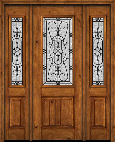 WDMA 54x96 Door (4ft6in by 8ft) Exterior Knotty Alder 96in Alder Rustic V-Grooved Panel 2/3 Lite Single Entry Door Sidelights Jacinto Glass 1