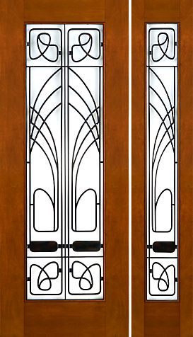 WDMA 54x96 Door (4ft6in by 8ft) Exterior Mahogany 2-1/4in Thick Art Nouveau Door Sidelight Low-E Glass Iron Work 1