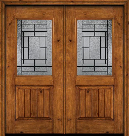 WDMA 60x80 Door (5ft by 6ft8in) Exterior Cherry Alder Rustic V-Grooved Panel 1/2 Lite Double Entry Door Pembrook Glass 1