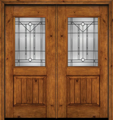 WDMA 60x80 Door (5ft by 6ft8in) Exterior Cherry Alder Rustic V-Grooved Panel 1/2 Lite Double Entry Door Riverwood Glass 1