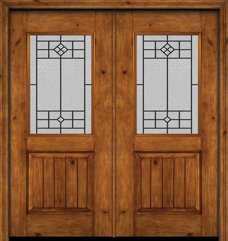 WDMA 60x80 Door (5ft by 6ft8in) Exterior Cherry Alder Rustic V-Grooved Panel 1/2 Lite Double Entry Door Beaufort Glass 1