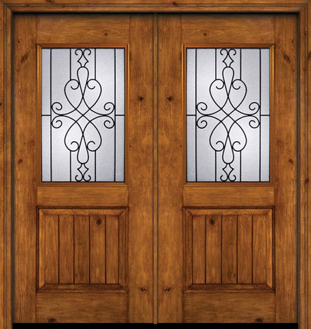 WDMA 60x80 Door (5ft by 6ft8in) Exterior Cherry Alder Rustic V-Grooved Panel 1/2 Lite Double Entry Door Wyngate Glass 1