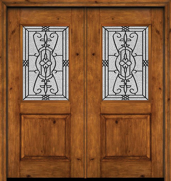 WDMA 60x80 Door (5ft by 6ft8in) Exterior Cherry Alder Rustic Plain Panel 1/2 Lite Double Entry Door Jacinto Glass 1