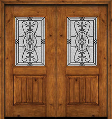 WDMA 60x80 Door (5ft by 6ft8in) Exterior Cherry Alder Rustic V-Grooved Panel 1/2 Lite Double Entry Door Jacinto Glass 1