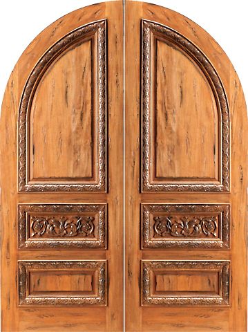 WDMA 60x96 Door (5ft by 8ft) Exterior Tropical Hardwood RA-1160 Round Top Carved Moulding 3-Panel Rustic Hardwood Double Door 1