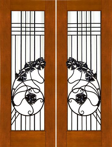 WDMA 60x96 Door (5ft by 8ft) Exterior Mahogany Pair of 2-1/4 Art Nouveau Doors Wrought Iron Low-E Glass 1