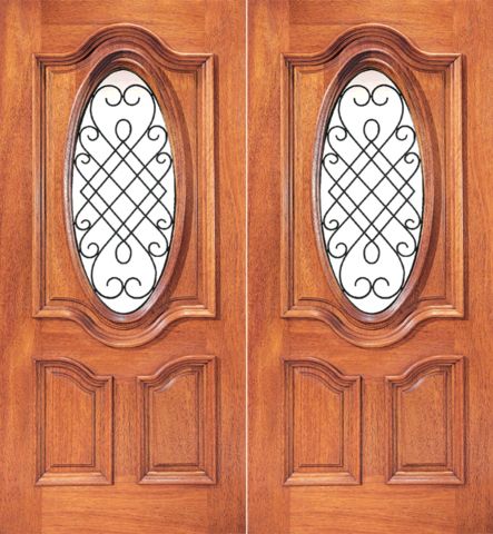 WDMA 64x80 Door (5ft4in by 6ft8in) Exterior Mahogany Insulated Oval Lite Double Door Ironwork 1