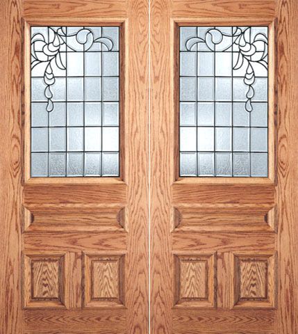 WDMA 64x80 Door (5ft4in by 6ft8in) Exterior Mahogany Grid Design Decorative Glass 3-Panel 1/2 Lite Front Double Door 1