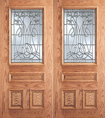 WDMA 64x80 Door (5ft4in by 6ft8in) Exterior Mahogany Vase with Flowers Design Glass 3-Panel 1/2 Lite Double Door 1