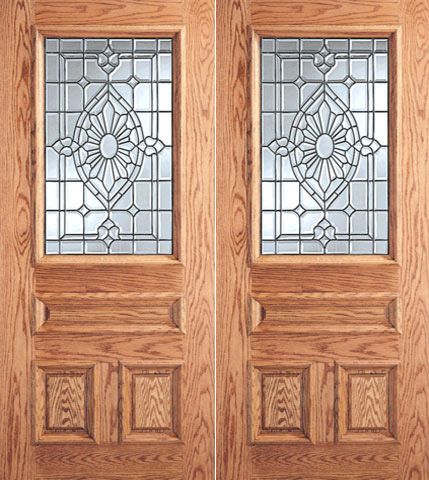 WDMA 64x80 Door (5ft4in by 6ft8in) Exterior Mahogany Floral Grid Design Glass 3-Panel 1/2 Lite Double Door 1