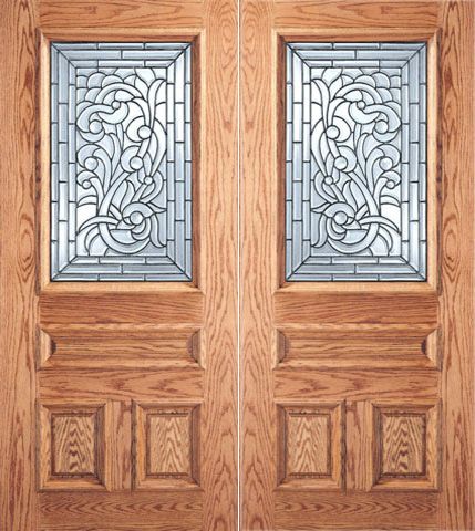 WDMA 64x80 Door (5ft4in by 6ft8in) Exterior Mahogany Asymmetrical Floral Scrollwork Glass 3-Panel 1/2 Lite Double Door 1