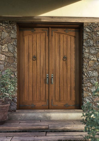 WDMA 64x80 Door (5ft4in by 6ft8in) Interior Swing Mahogany Arch Panel Rustic V-Grooved Plank Exterior or Double Door with Corner Straps / Straps 1