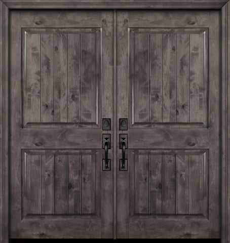 WDMA 64x80 Door (5ft4in by 6ft8in) Exterior Knotty Alder 80in Double 2 Panel Square V-Grooved Estancia Alder Door 1