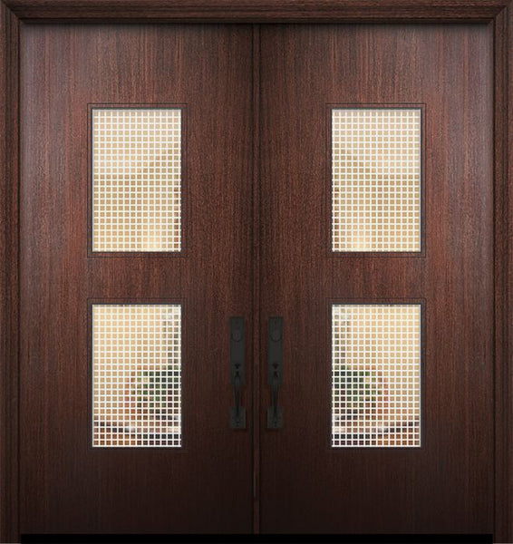WDMA 64x80 Door (5ft4in by 6ft8in) Exterior Mahogany 80in Double Newport Solid Contemporary Door w/Metal Grid 1