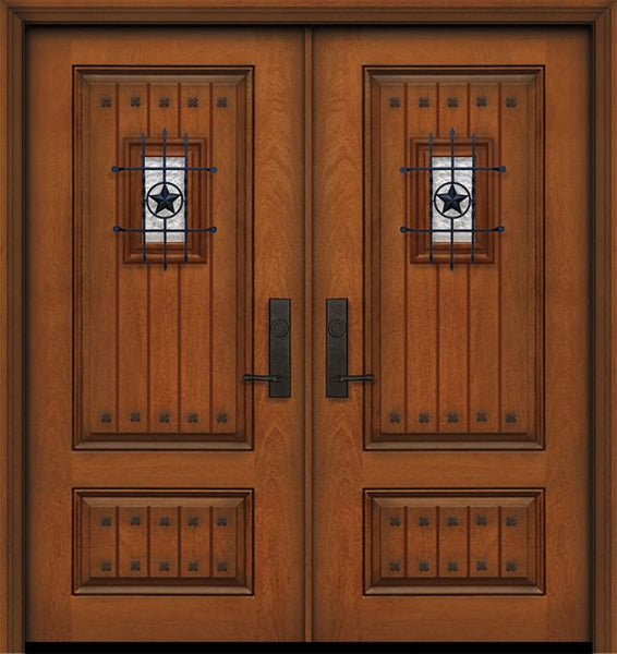 WDMA 64x80 Door (5ft4in by 6ft8in) Exterior Mahogany IMPACT | 80in Double 2 Panel Square V-Grooved Door with Speakeasy / Clavos 1