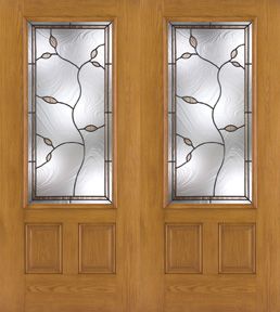 WDMA 64x80 Door (5ft4in by 6ft8in) Exterior Oak Fiberglass Impact Door 3/4 Lite Avonlea 6ft8in Double 1