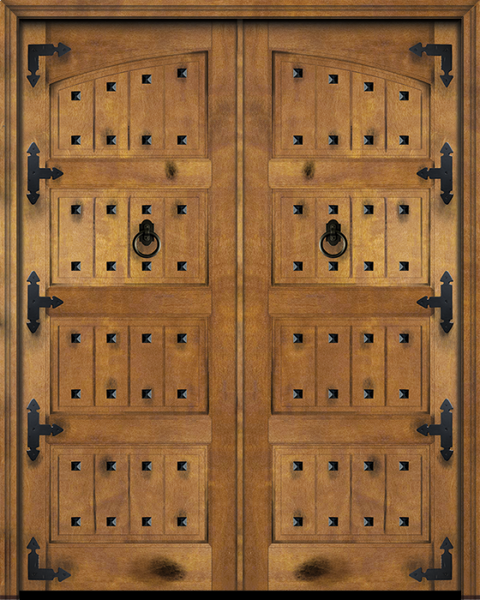 WDMA 64x84 Door (5ft4in by 7ft) Interior Swing Mahogany Arch Top 4 Panel V-Grooved Plank Rustic-Old World Exterior or Double Door with Corner Straps and Clavos 1