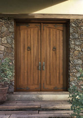 WDMA 64x96 Door (5ft4in by 8ft) Interior Swing Mahogany Arch Panel Rustic V-Grooved Plank Exterior or Double Door with Corner Straps / Straps 1