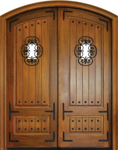 WDMA 64x96 Door (5ft4in by 8ft) Exterior Swing Mahogany Tiffany Solid Panel Double Door/Arch Top w Speakeasy 1