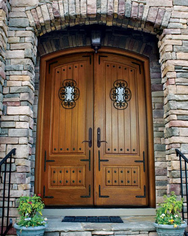WDMA 64x96 Door (5ft4in by 8ft) Exterior Swing Mahogany Tiffany Solid Panel Double Door/Arch Top w Speakeasy 2