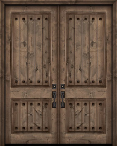 WDMA 64x96 Door (5ft4in by 8ft) Exterior Knotty Alder 96in Double 2 Panel V-Grooved Estancia Alder Door with Clavos 1