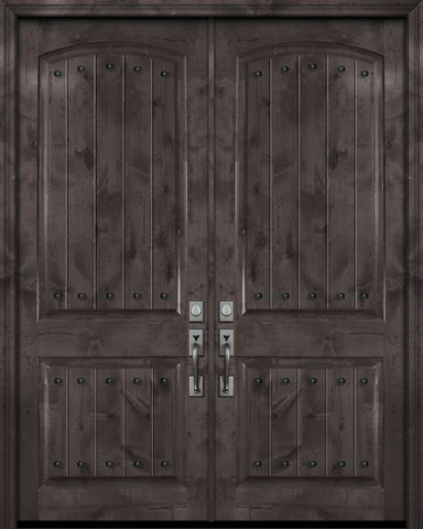 WDMA 64x96 Door (5ft4in by 8ft) Exterior Knotty Alder 96in Double Arch 2 Panel V-Grooved Estancia Alder Door with Clavos 1