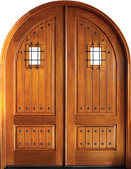 WDMA 64x96 Door (5ft4in by 8ft) Exterior Swing Mahogany Pinehurst Solid Panel Double Door/Round Top w Speakeasy 1