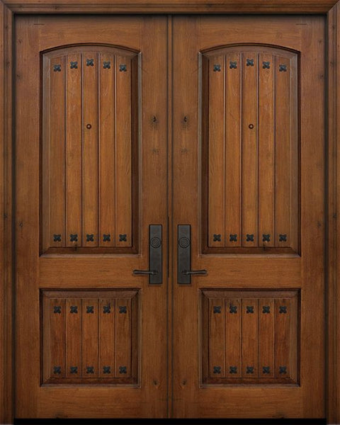 WDMA 64x96 Door (5ft4in by 8ft) Exterior Knotty Alder 96in Double 2 Panel Arch V-Groove Door with Clavos 1