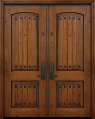 WDMA 64x96 Door (5ft4in by 8ft) Exterior Knotty Alder 96in Double 2 Panel Arch V-Groove Door with Clavos 1