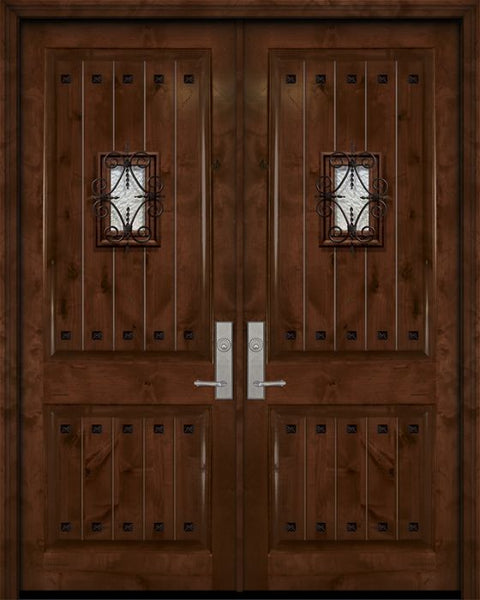WDMA 64x96 Door (5ft4in by 8ft) Exterior Knotty Alder 96in Double 2 Panel V-Grooved Estancia Alder Door with Speakeasy / Clavos 1
