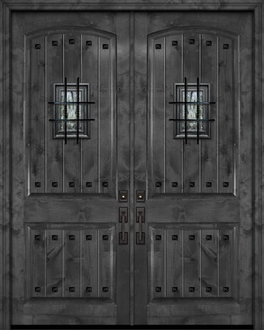 WDMA 64x96 Door (5ft4in by 8ft) Exterior Knotty Alder 96in Double Arch 2 Panel V-Grooved Estancia Alder Door with Speakeasy / Clavos 1