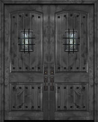 WDMA 64x96 Door (5ft4in by 8ft) Exterior Knotty Alder 96in Double Arch 2 Panel V-Grooved Estancia Alder Door with Speakeasy / Clavos 1