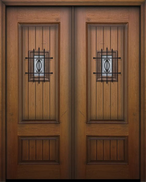WDMA 64x96 Door (5ft4in by 8ft) Exterior Mahogany 96in Double 2 Panel Square V-Grooved Door with Speakeasy 1