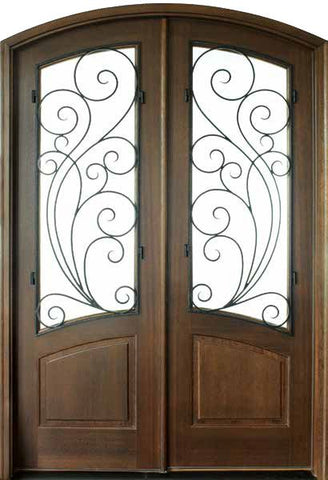 WDMA 64x96 Door (5ft4in by 8ft) Exterior Swing Mahogany Aberdeen Double Door/Arch Top w Redwood Iron 1