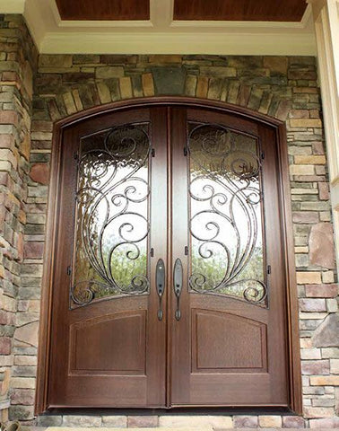 WDMA 64x96 Door (5ft4in by 8ft) Exterior Swing Mahogany Aberdeen Double Door/Arch Top w Redwood Iron 2