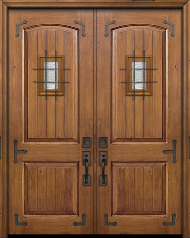 WDMA 64x96 Door (5ft4in by 8ft) Exterior Knotty Alder 96in Double 2 Panel Arch V-Groove Door with Speakeasy / Corner Straps 1