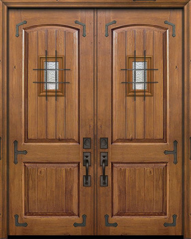 WDMA 64x96 Door (5ft4in by 8ft) Exterior Knotty Alder 96in Double 2 Panel Arch V-Groove Door with Speakeasy / Corner Straps 1