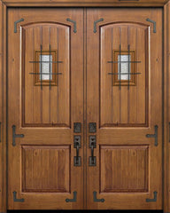 WDMA 64x96 Door (5ft4in by 8ft) Exterior Knotty Alder 96in Double 2 Panel Arch V-Groove Door with Speakeasy / Corner Straps 1
