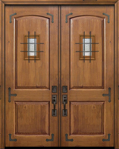 WDMA 64x96 Door (5ft4in by 8ft) Exterior Knotty Alder 96in Double 2 Panel Arch Door with Speakeasy / Corner Straps 1