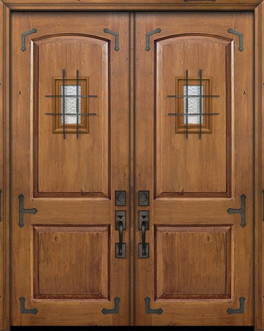 WDMA 64x96 Door (5ft4in by 8ft) Exterior Knotty Alder 96in Double 2 Panel Arch Door with Speakeasy / Corner Straps 1